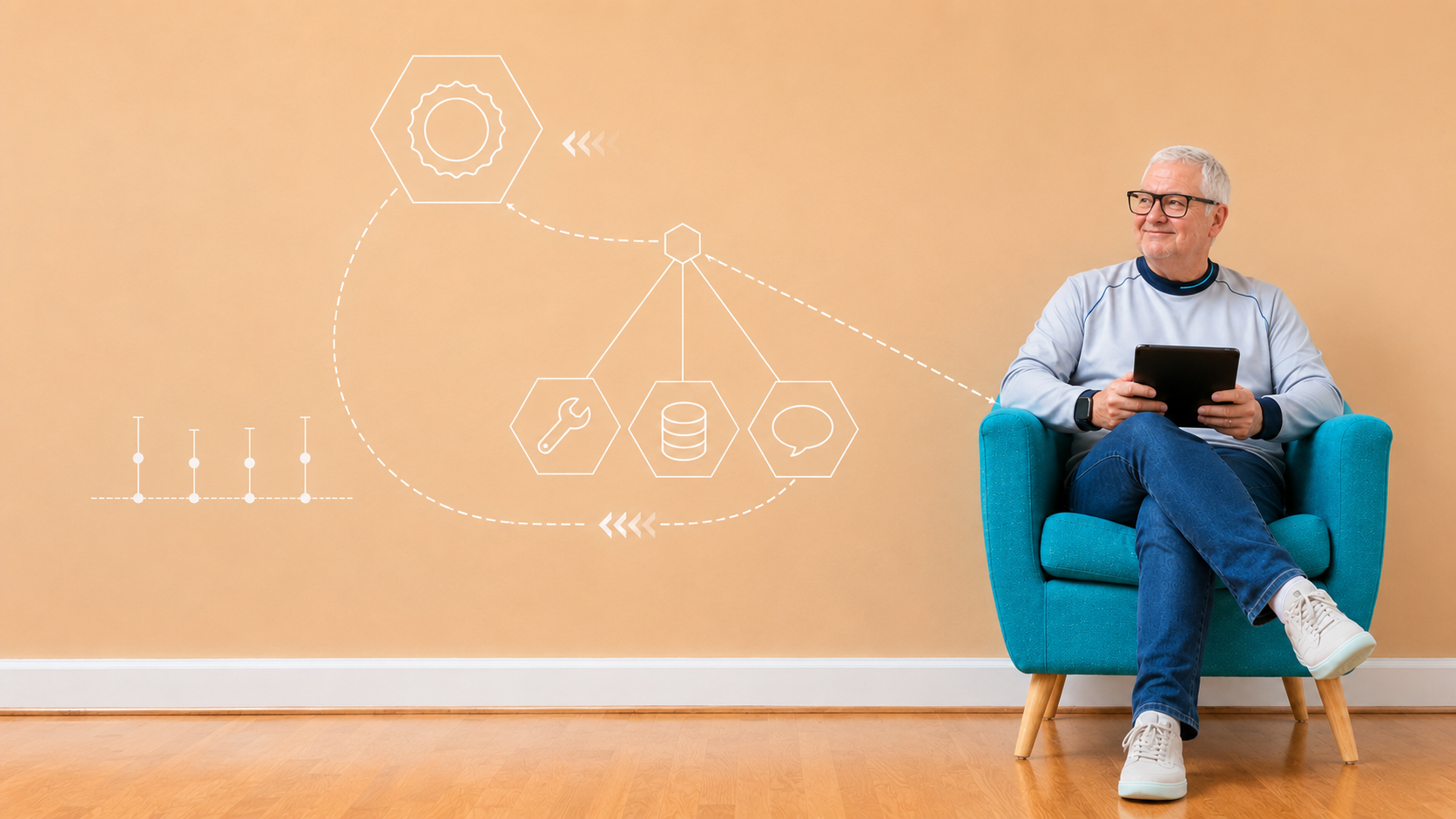 Thomas Forwe seated with a tablet, white line diagrams on the wall showing a task delegated to three agents and traced back to a mandate